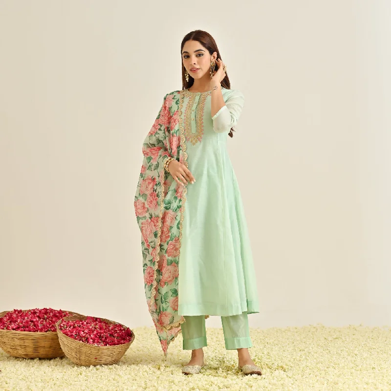 Mint Blue Anarkali Set with Floral Printed Dupatta & Yoke Embroidery