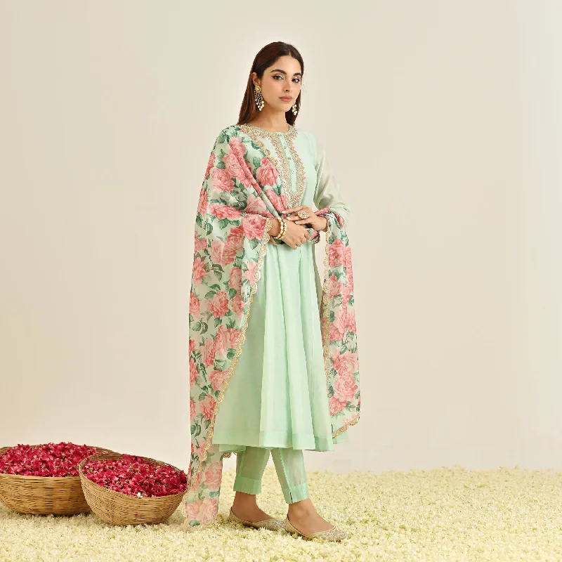 Mint Blue Anarkali Set with Floral Printed Dupatta & Yoke Embroidery