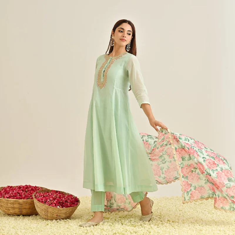 Mint Blue Anarkali Set with Floral Printed Dupatta & Yoke Embroidery