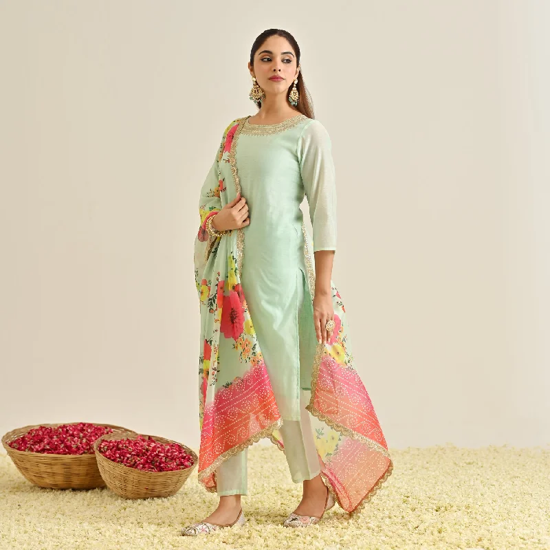 Mint Festive Embroidered Kurta Set with Printed Dupatta & Round Yoke Detail