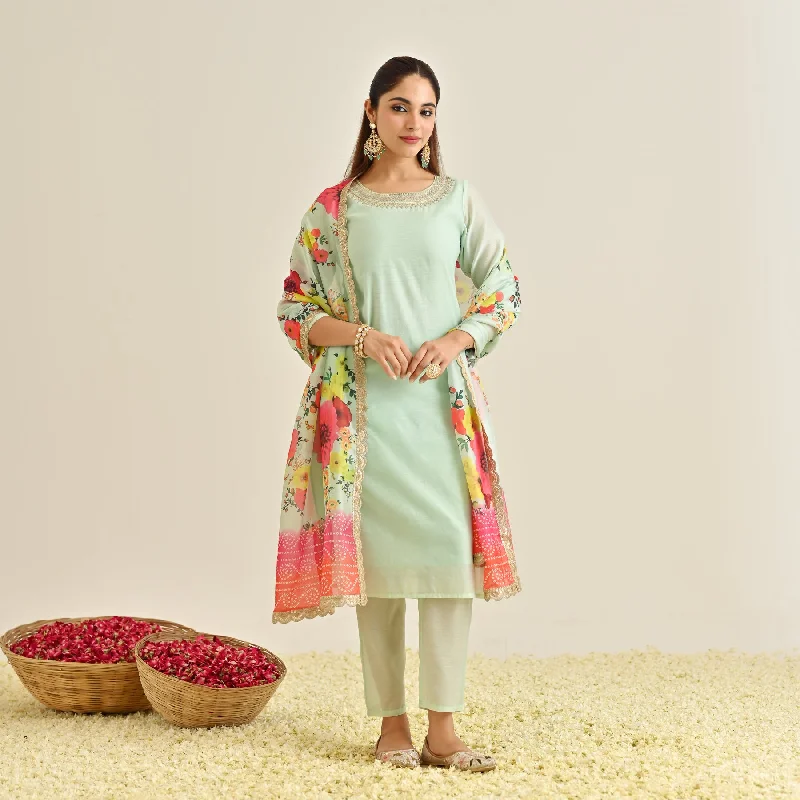 Mint Festive Embroidered Kurta Set with Printed Dupatta & Round Yoke Detail