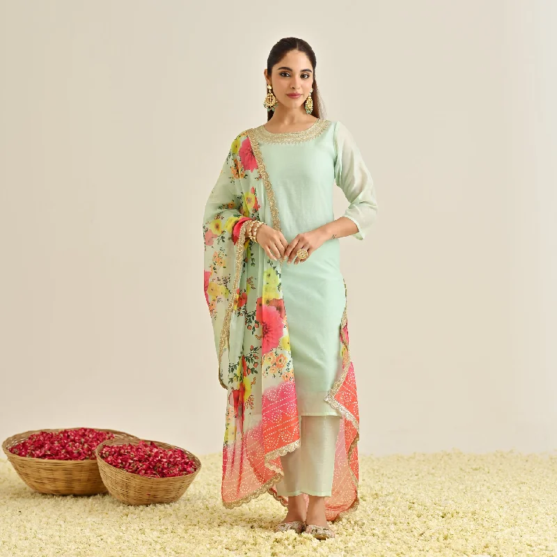 Mint Festive Embroidered Kurta Set with Printed Dupatta & Round Yoke Detail