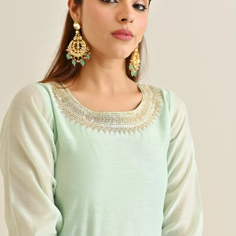 Mint Festive Embroidered Kurta Set with Printed Dupatta & Round Yoke Detail