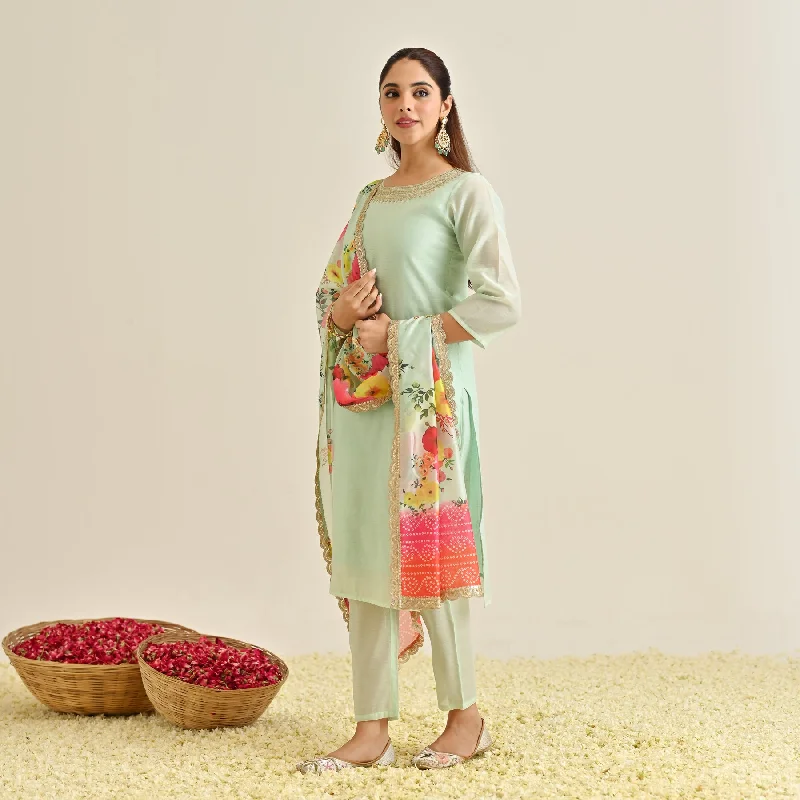 Mint Festive Embroidered Kurta Set with Printed Dupatta & Round Yoke Detail