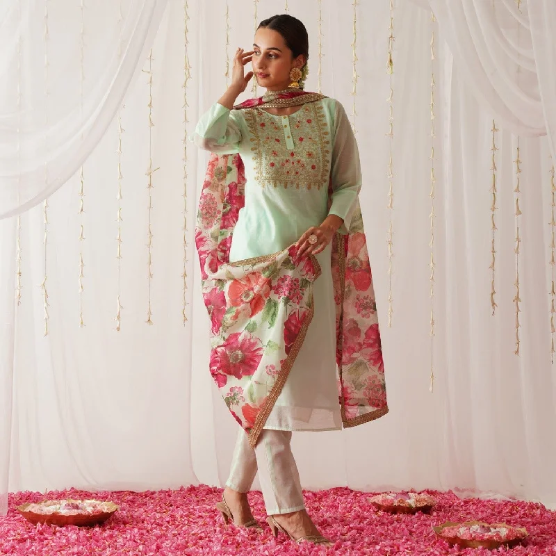 Mint Green Embroidered Chanderi Kurta Set for Women