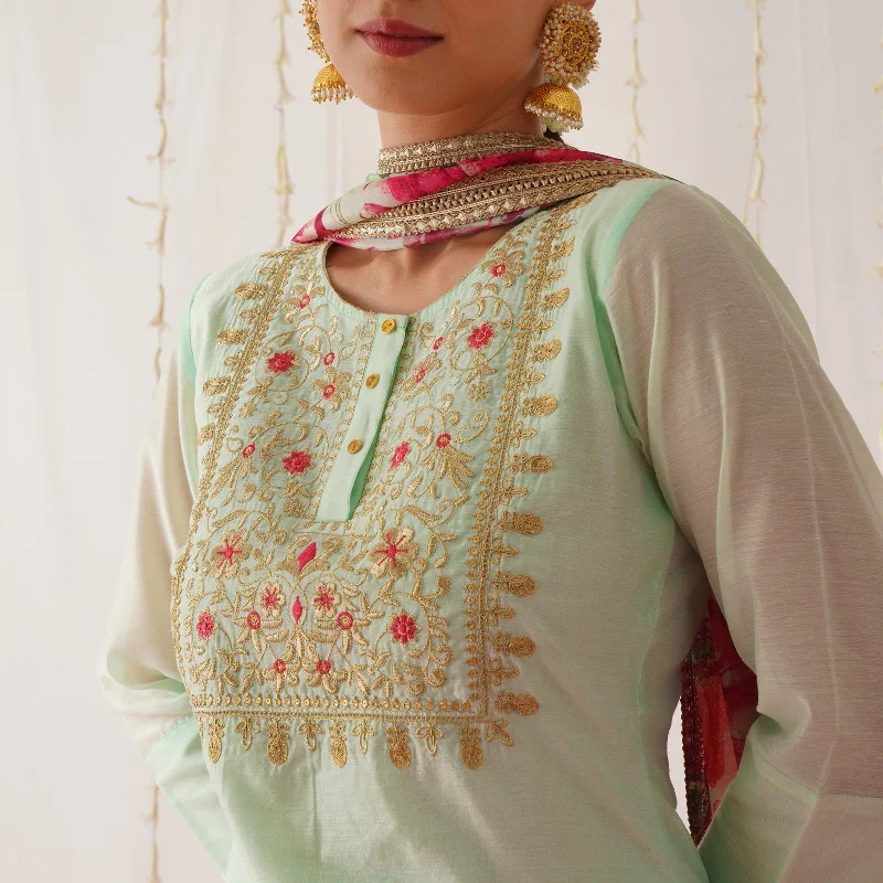 Mint Green Embroidered Chanderi Kurta Set for Women