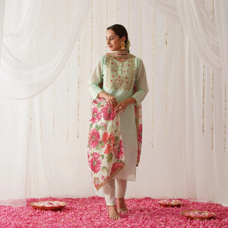 Mint Green Embroidered Chanderi Kurta Set for Women