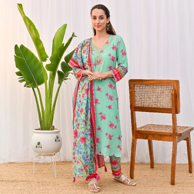 Mint Green Lotus Printed Salwar Kurta Set with Dupatta & Neck Embroidery Detail