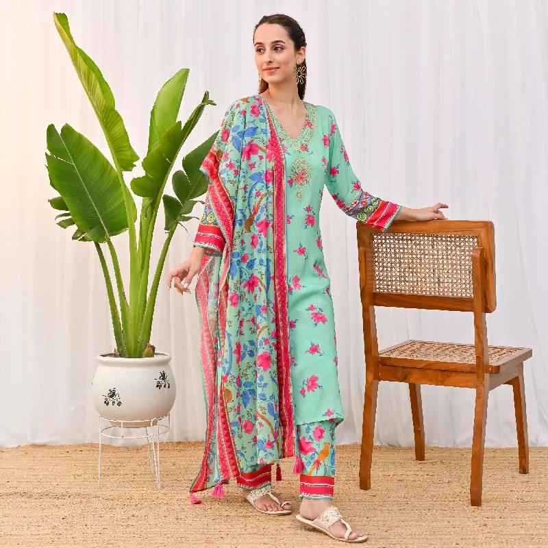 Mint Green Lotus Printed Salwar Kurta Set with Dupatta & Neck Embroidery Detail