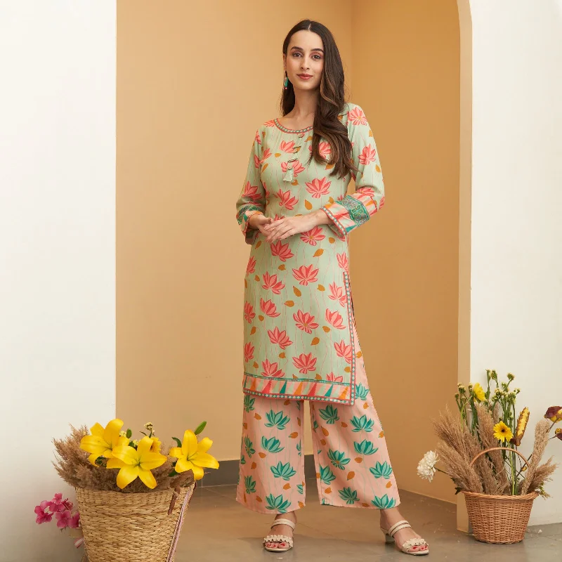 Mint Green Pink Lotus Print Kurta Pant Co-ord Set