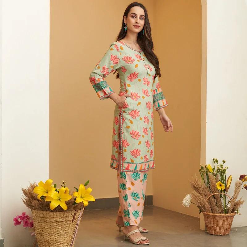 Mint Green Pink Lotus Print Kurta Pant Co-ord Set