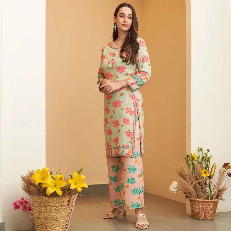 Mint Green Pink Lotus Print Kurta Pant Co-ord Set