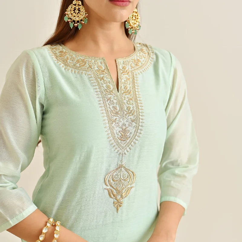 Mint Straight Festive Kurta Set with Printed Dupatta & Yoke Detail