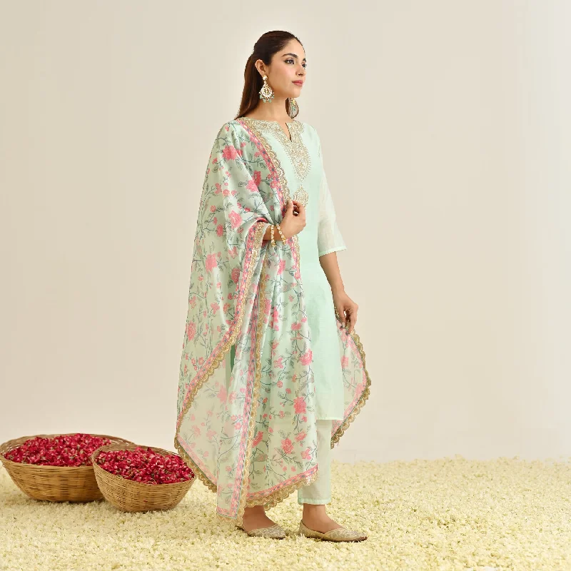 Mint Straight Festive Kurta Set with Printed Dupatta & Yoke Detail