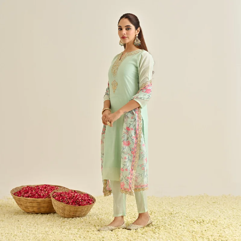 Mint Straight Festive Kurta Set with Printed Dupatta & Yoke Detail