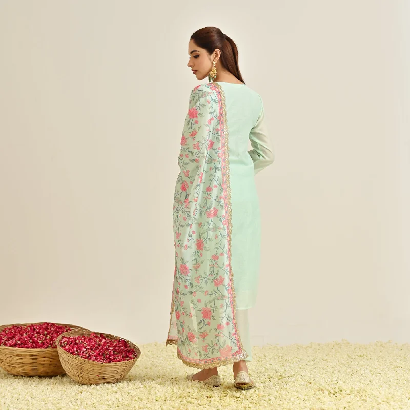 Mint Straight Festive Kurta Set with Printed Dupatta & Yoke Detail