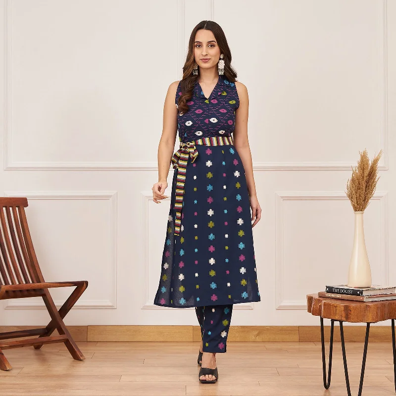 Navy Blue Ikat Inspired Kurta Pant Co-ord Set with Belt