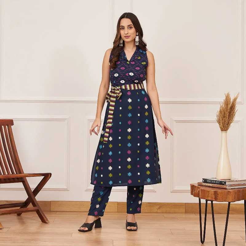 Navy Blue Ikat Inspired Kurta Pant Co-ord Set with Belt