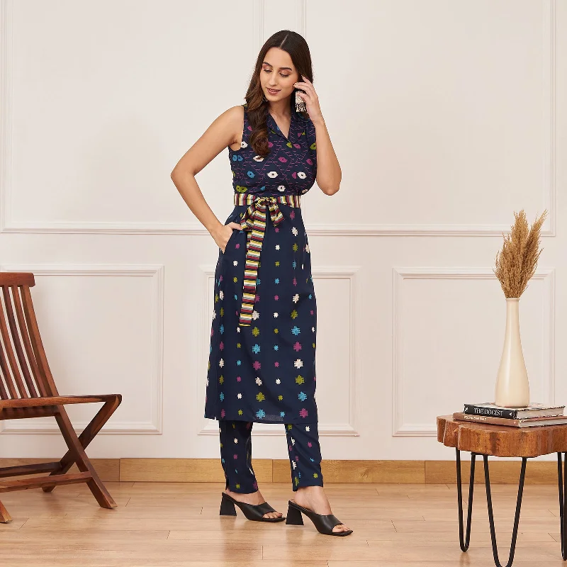 Navy Blue Ikat Inspired Kurta Pant Co-ord Set with Belt