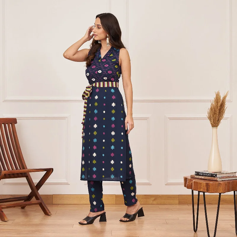 Navy Blue Ikat Inspired Kurta Pant Co-ord Set with Belt