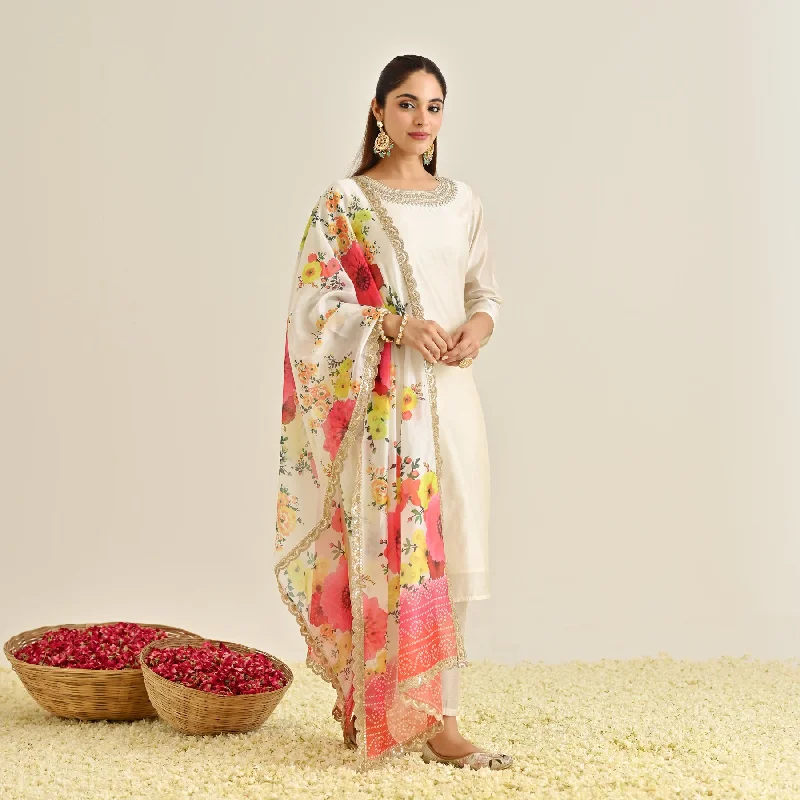 Off White Festive Embroidered Kurta Set with Printed Dupatta & Round Yoke Detail