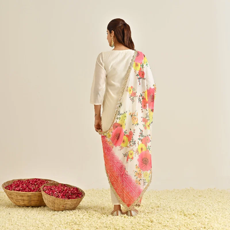 Off White Festive Embroidered Kurta Set with Printed Dupatta & Round Yoke Detail