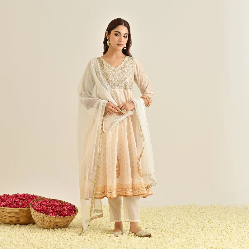 Off White Mustard Traditional Anarkali Set with Yoke Embroidery & Dupatta