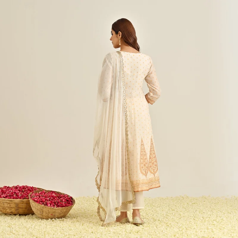 Off White Mustard Traditional Anarkali Set with Yoke Embroidery & Dupatta