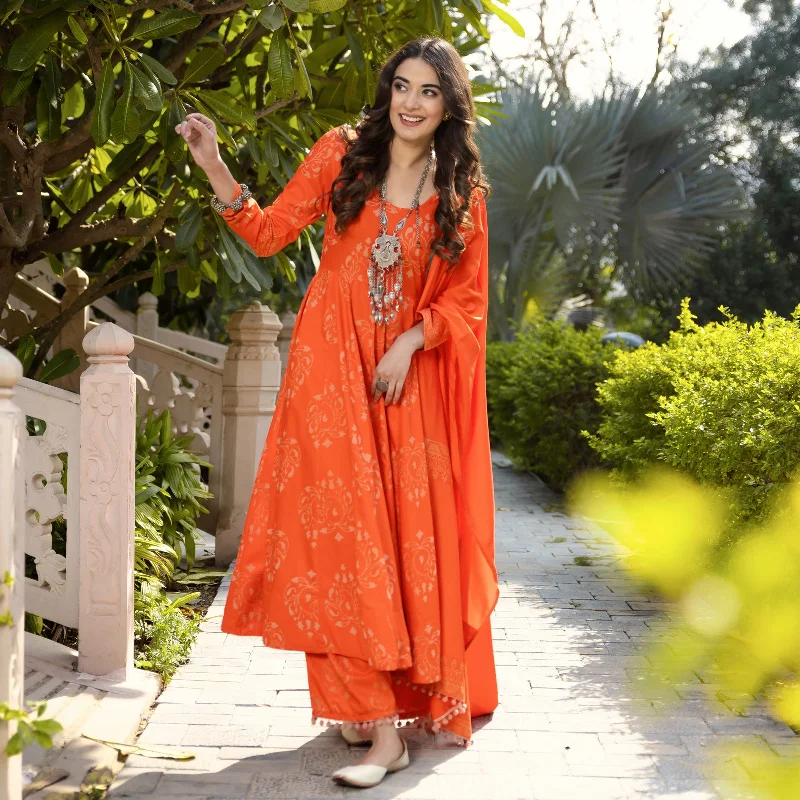 Orange Flared Kurta Dupatta Pant Set with Pompom Details