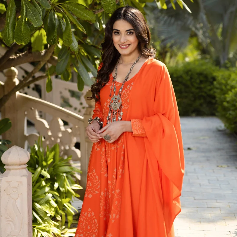 Orange Flared Kurta Dupatta Pant Set with Pompom Details