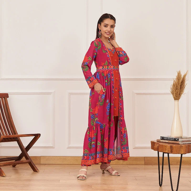 Orange Printed Tunic and Pant Set with Pink Tiered Long Shrug and Belt