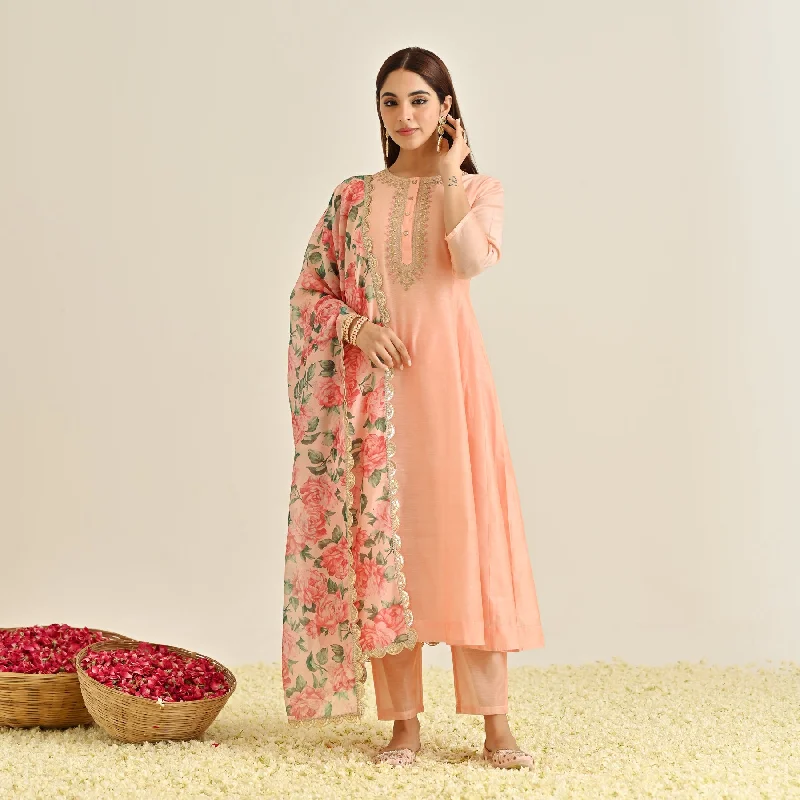 Peach Anarkali Set with Floral Printed Dupatta & Yoke Embroidery