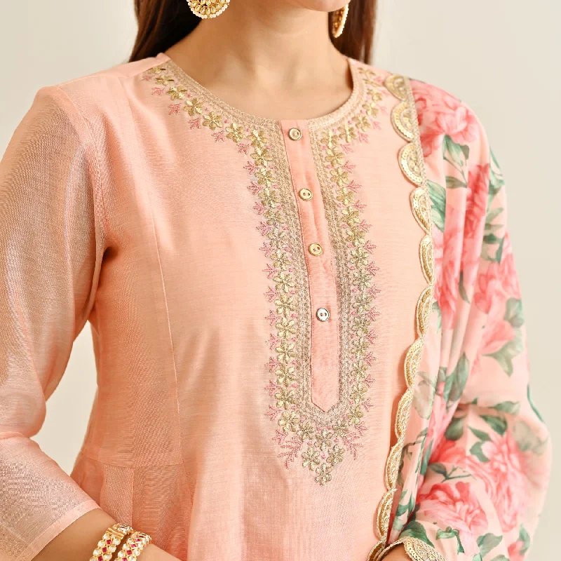 Peach Anarkali Set with Floral Printed Dupatta & Yoke Embroidery