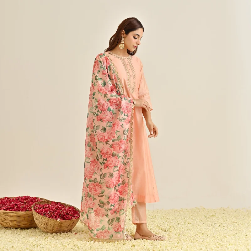 Peach Anarkali Set with Floral Printed Dupatta & Yoke Embroidery