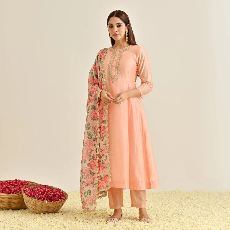 Peach Anarkali Set with Floral Printed Dupatta & Yoke Embroidery