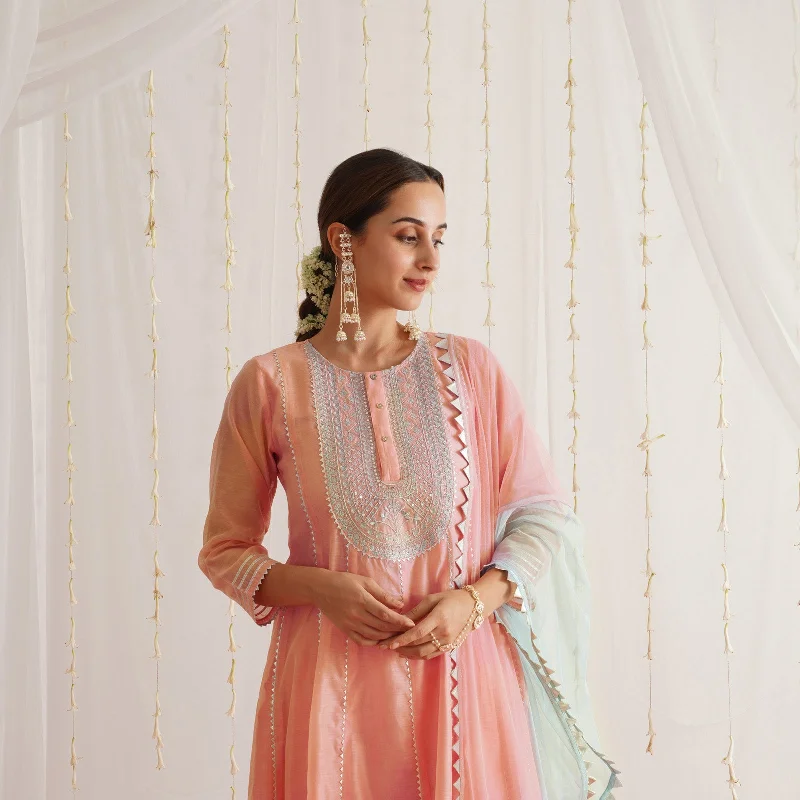 Peach Embroidered Chanderi Kurta Set for Women