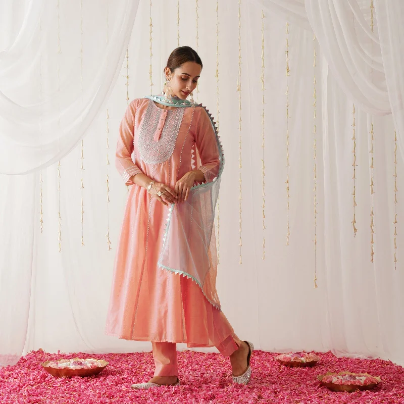 Peach Embroidered Chanderi Kurta Set for Women