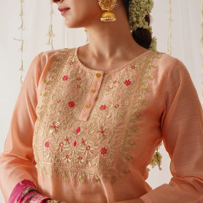 Peach Embroidered Chanderi Kurta Pant Dupatta Set for Women