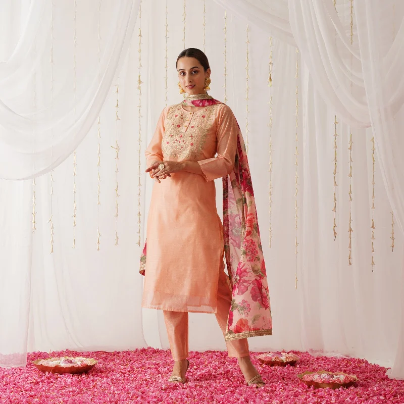 Peach Embroidered Chanderi Kurta Pant Dupatta Set for Women