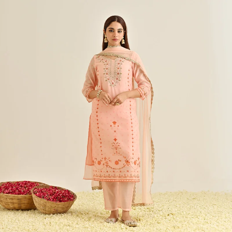 Peach Floral Straight Kurta Set with Yoke Embroidery & Dupatta