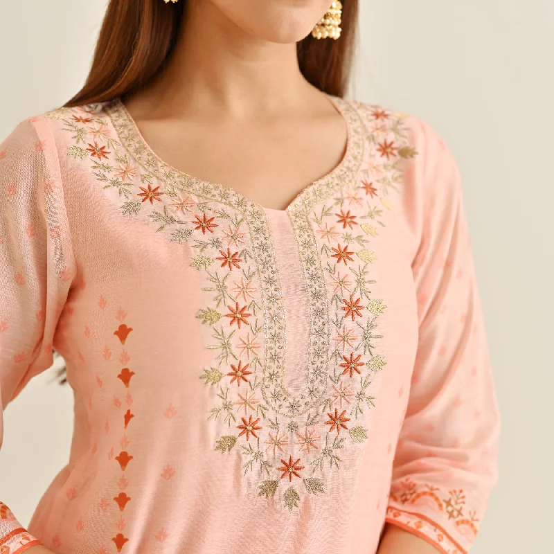 Peach Floral Straight Kurta Set with Yoke Embroidery & Dupatta