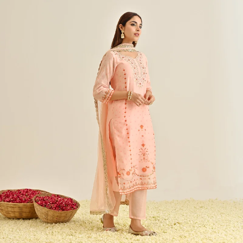 Peach Floral Straight Kurta Set with Yoke Embroidery & Dupatta