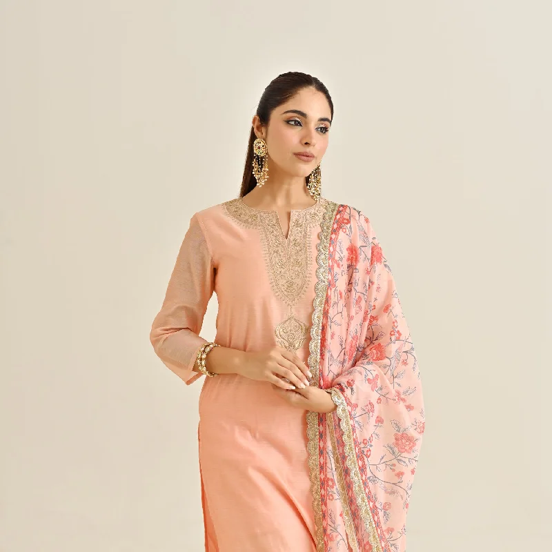 Peach Straight Festive Kurta Set with Printed Dupatta & Yoke Detail