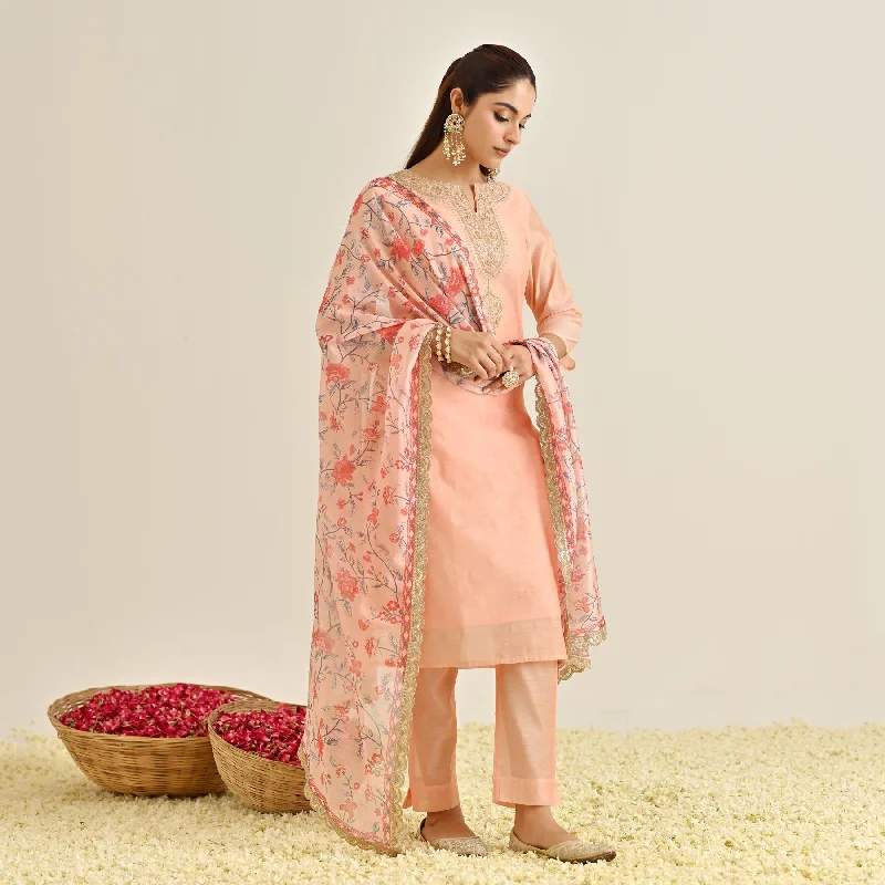 Peach Straight Festive Kurta Set with Printed Dupatta & Yoke Detail