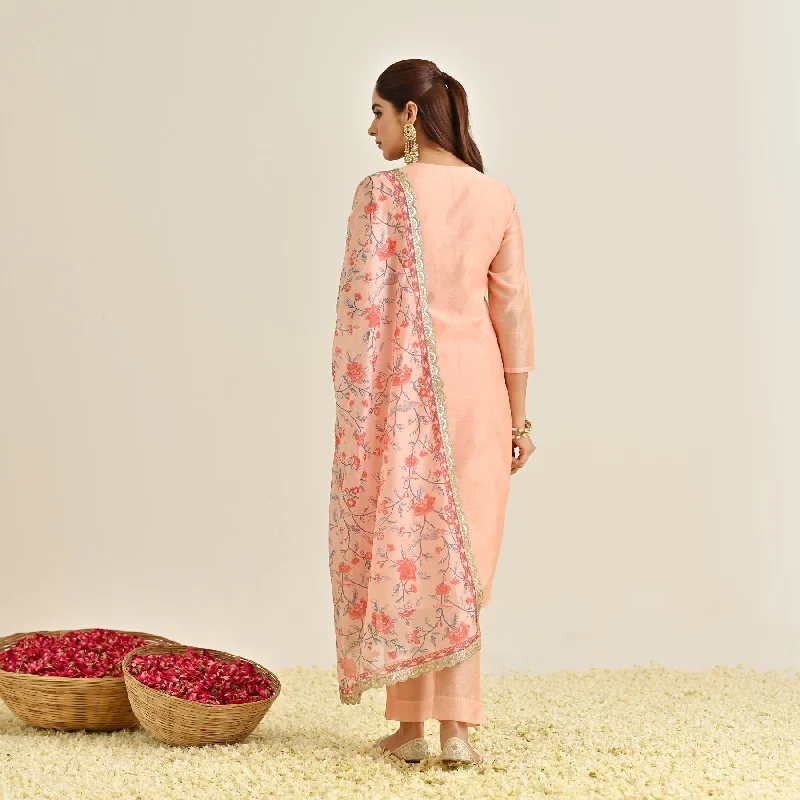 Peach Straight Festive Kurta Set with Printed Dupatta & Yoke Detail