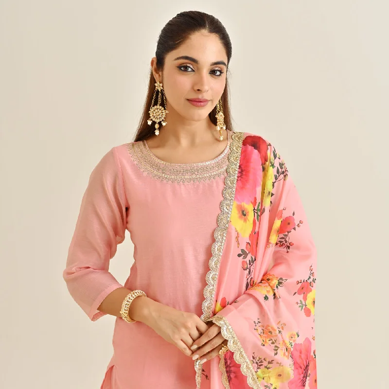 Pink Festive Embroidered Kurta Set with Printed Dupatta & Round Yoke Detail