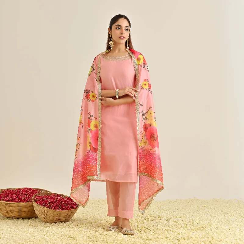 Pink Festive Embroidered Kurta Set with Printed Dupatta & Round Yoke Detail