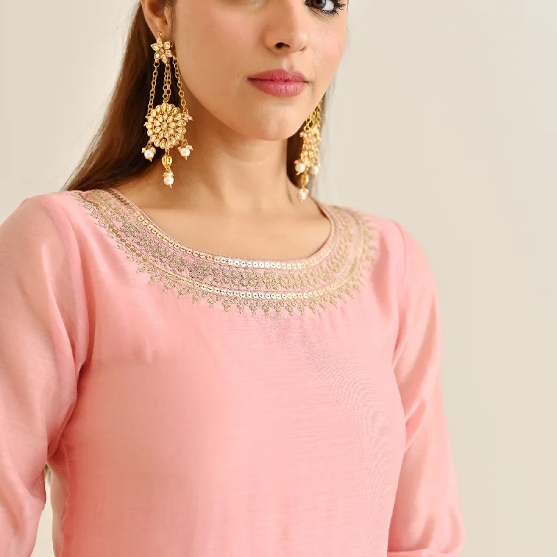 Pink Festive Embroidered Kurta Set with Printed Dupatta & Round Yoke Detail