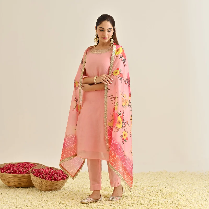 Pink Festive Embroidered Kurta Set with Printed Dupatta & Round Yoke Detail