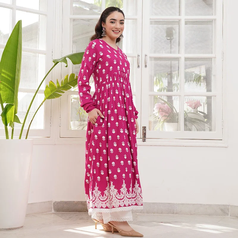 Pink Front Gathered Kurta Pant Co-ord Set